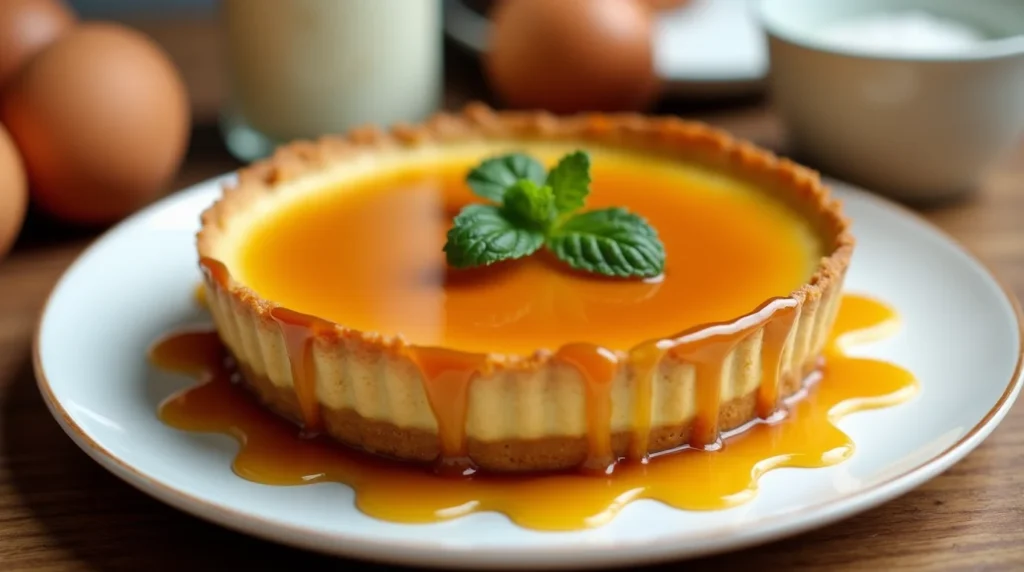 Creamy caramel custard pie with caramel glaze and mint garnish.