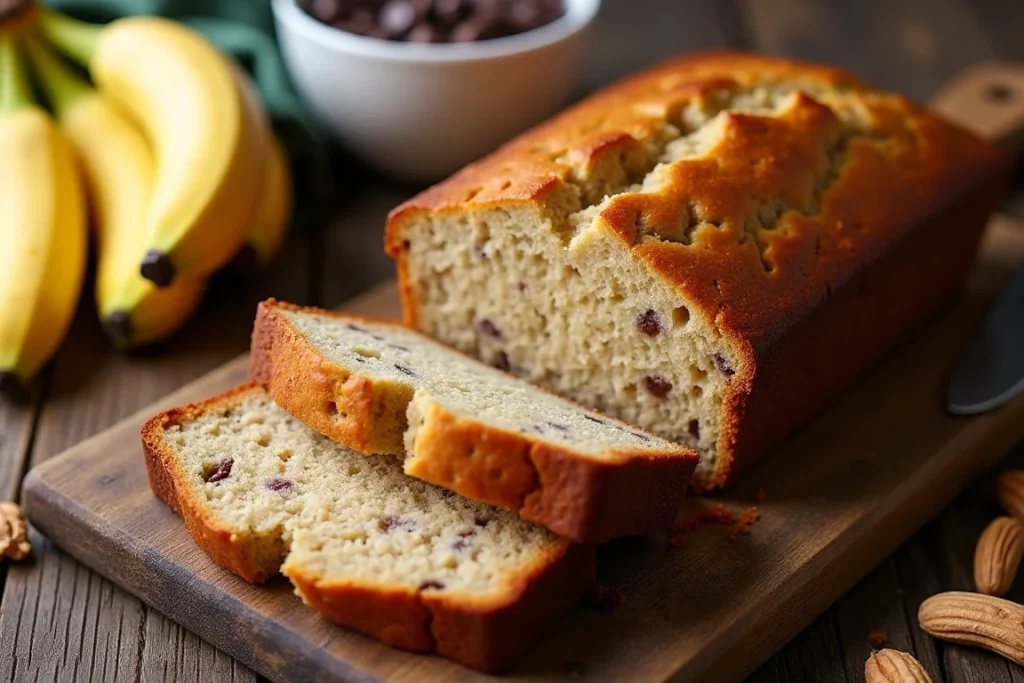 A freshly baked loaf of banana bread made with cake mix, placed on a wooden cutting board.