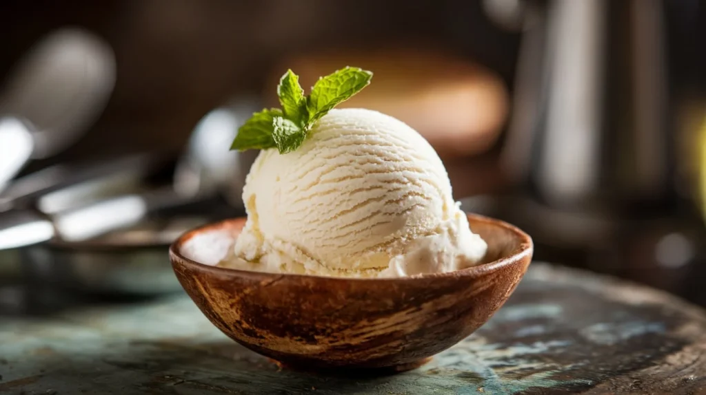 A scoop of homemade vanilla ice cream on a wooden bowl with a sprig of mint.