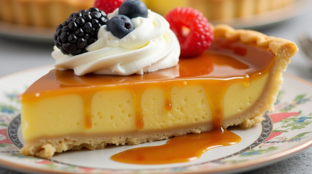 Decorated caramel custard pie garnished with whipped cream and berries.