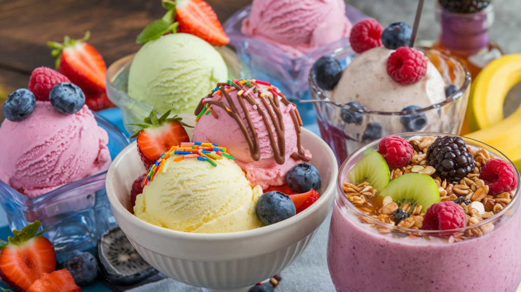 A vibrant display of various frozen desserts made using the Ninja Creami, including ice cream, sorbet, and smoothie bowls