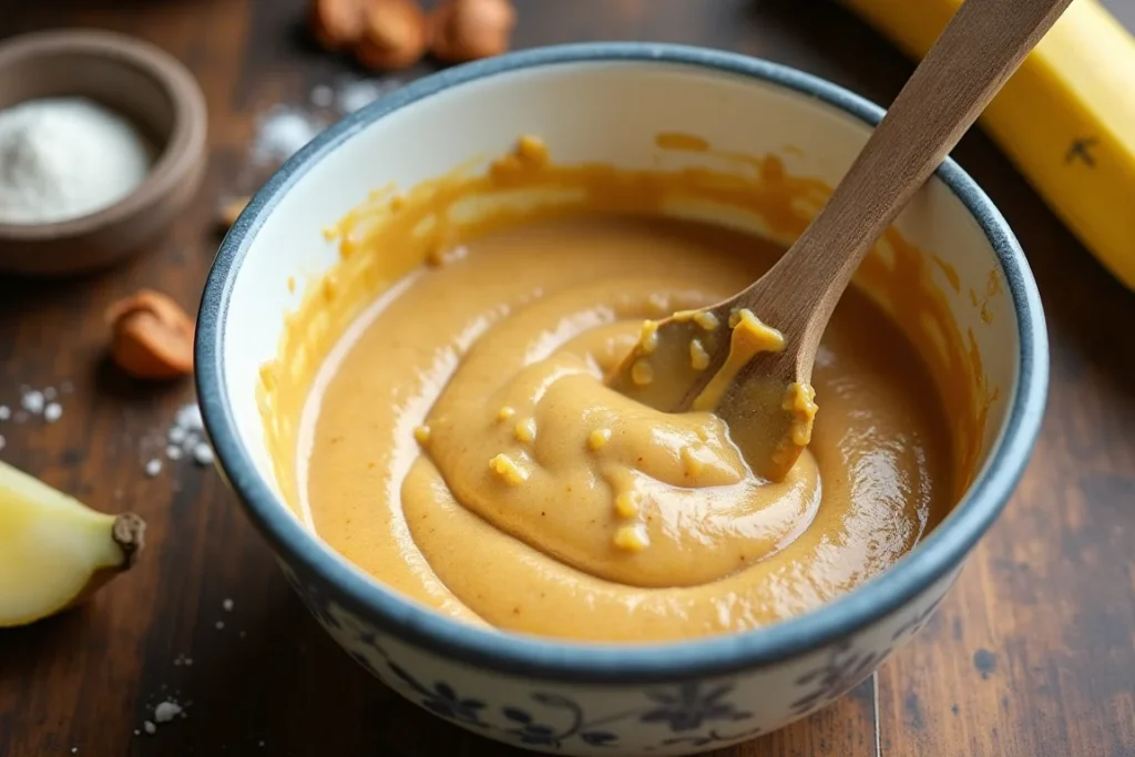 A mixing bowl with banana bread batter and a spatula.