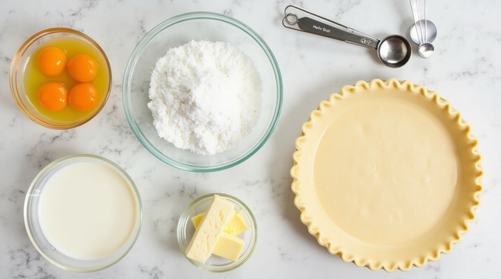 Ingredients for creamy caramel custard pie laid out on a kitchen counter