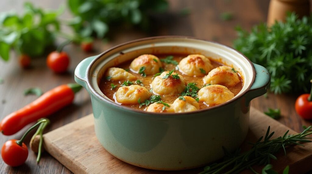 Slow cooker filled with chicken and dumplings in a rustic kitchen.