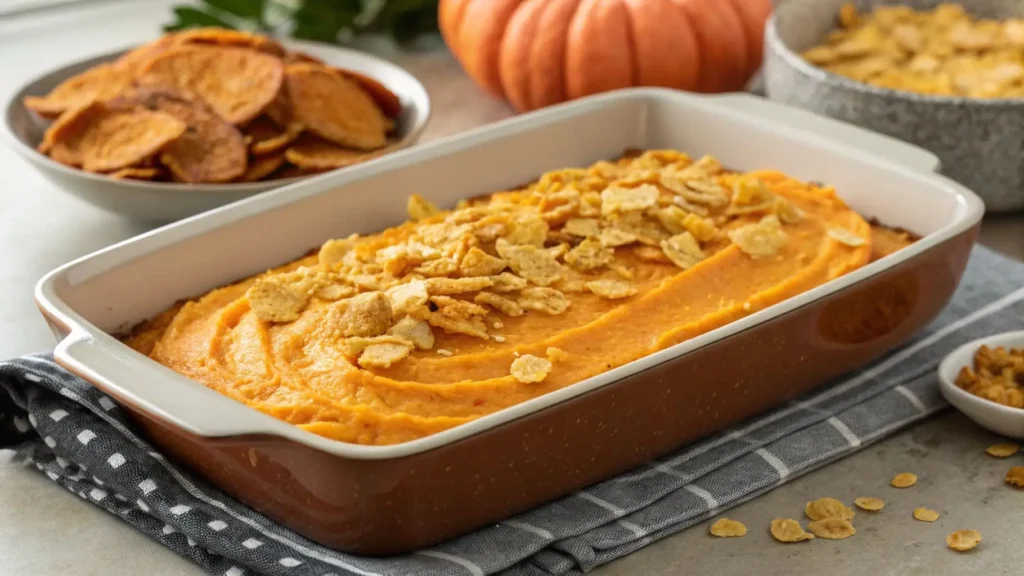 Assembling the Mashed Sweet Potatoes dish.