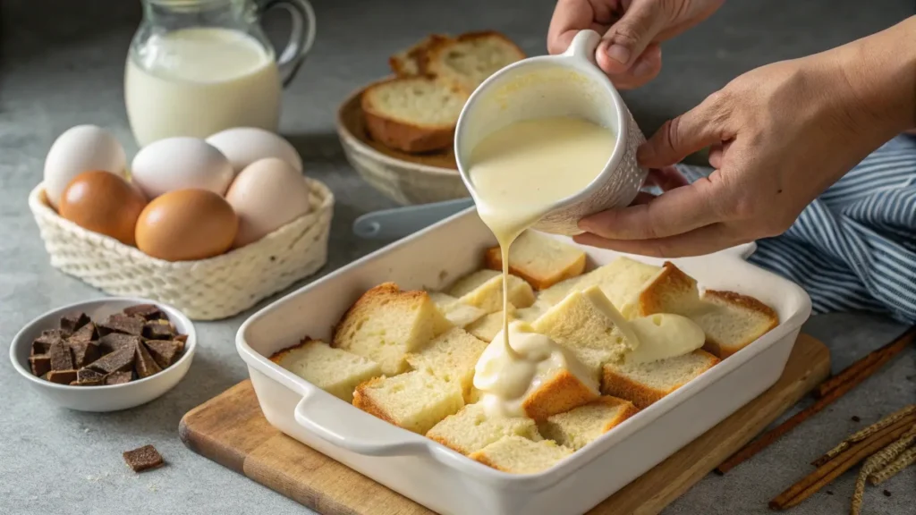 Hands layering bread and pouring custard for French Toast Casserole