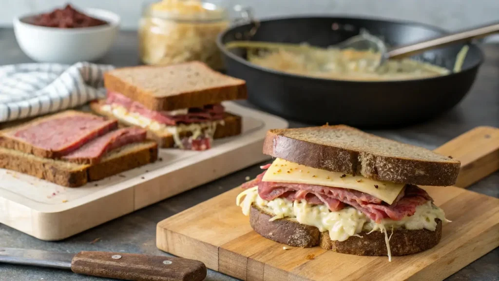 Step-by-step assembly of a Reuben sandwich with corned beef.