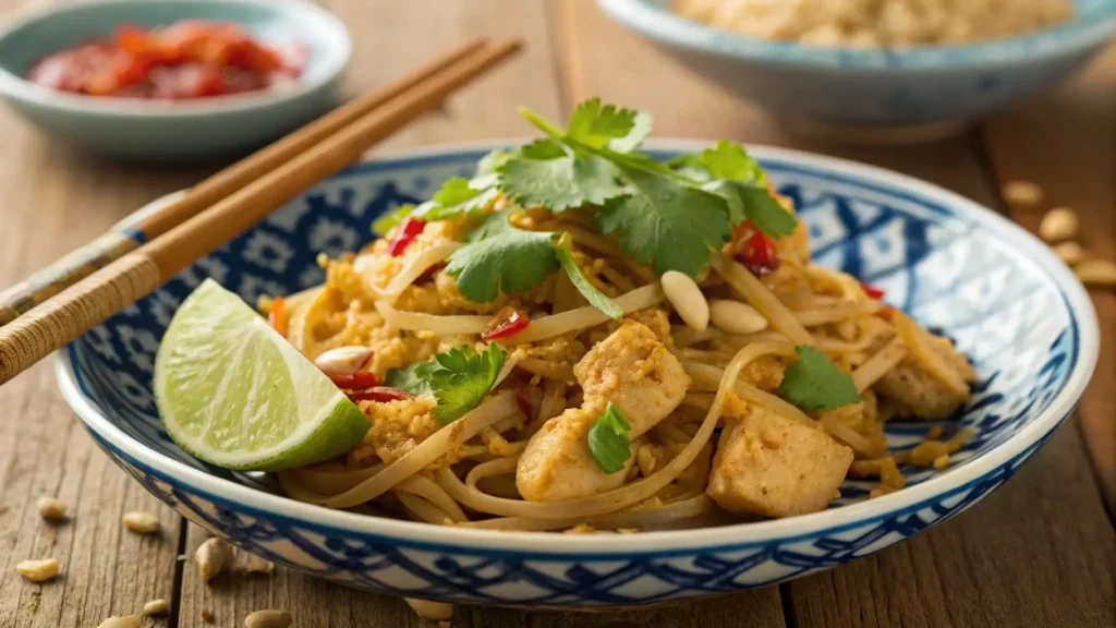 Chicken Pad Thai served on a blue and white ceramic plate with garnishes