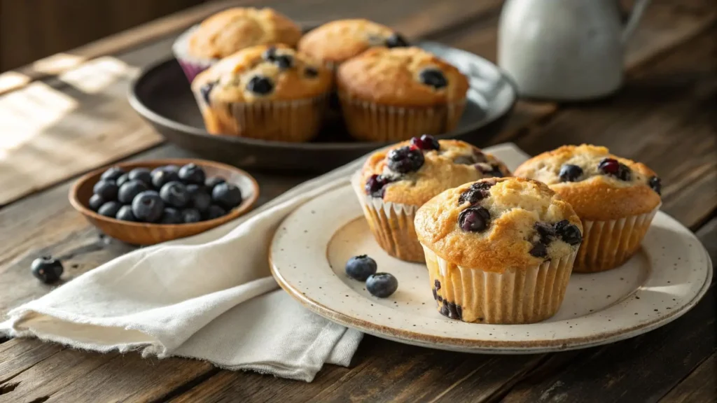 Freshly baked blueberry muffins on a wooden table