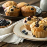 Freshly baked blueberry muffins on a wooden table