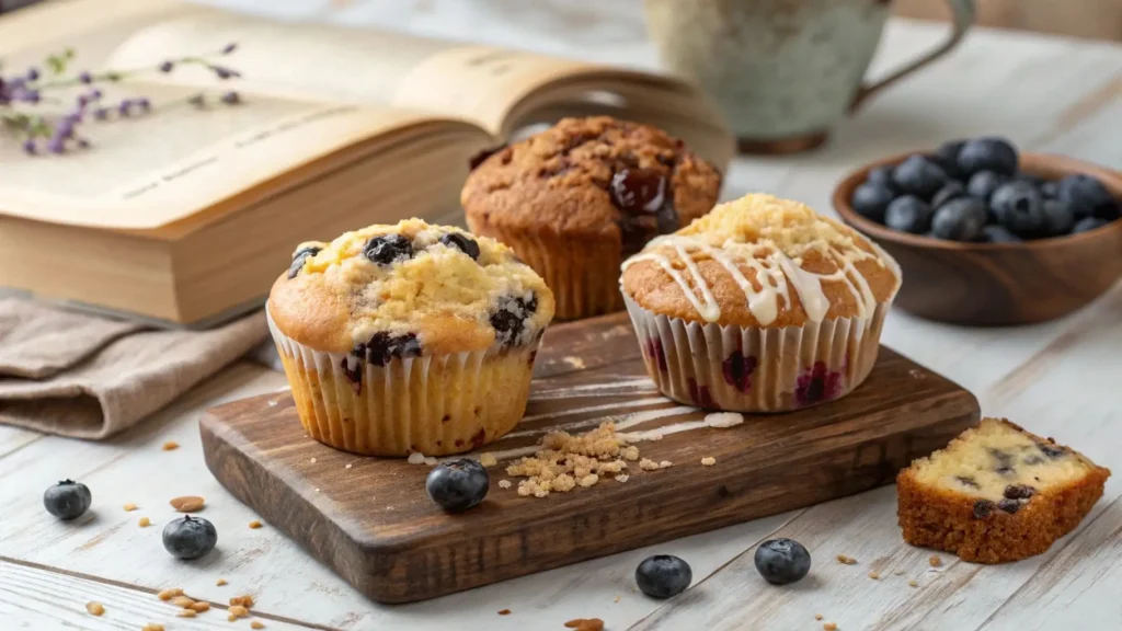 Three types of Best Blueberry Muffins with different toppings