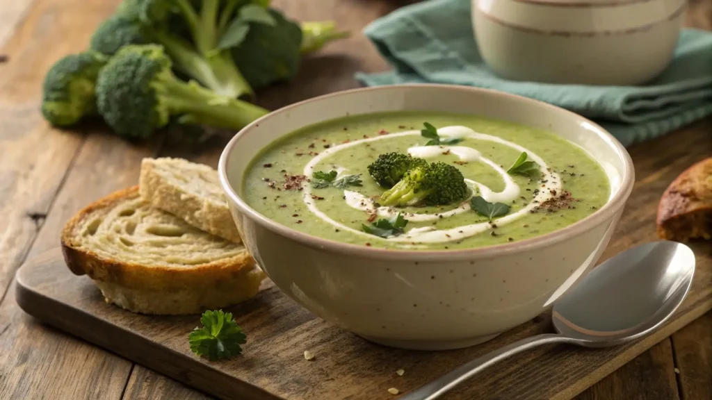 Cream of Broccoli Soup served with bread and garnishes