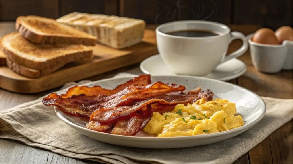 Crispy oven-fried bacon served with eggs and toast