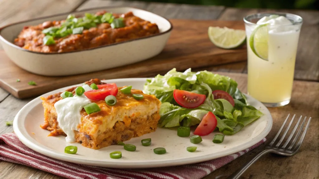 Plated Buffalo Chicken Casserole with a fresh side salad