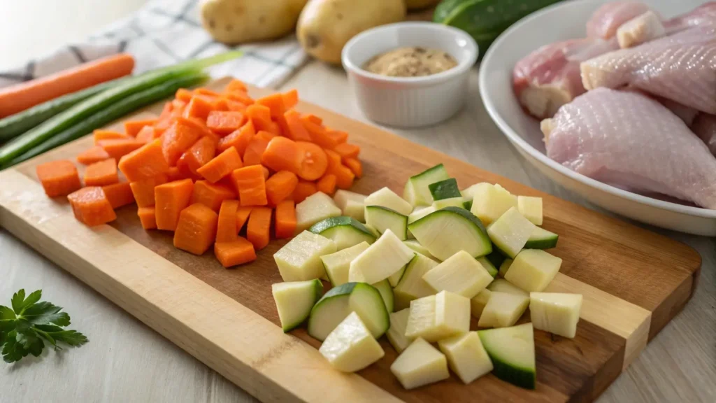 Fresh vegetables and raw chicken for Caldo de Pollo preparation