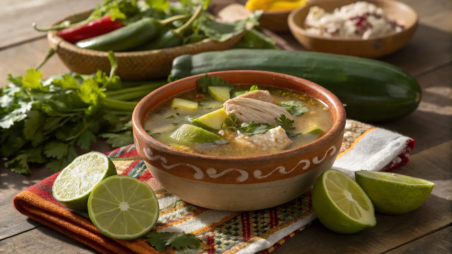 Authentic Mexican Caldo de Pollo in a rustic bowl