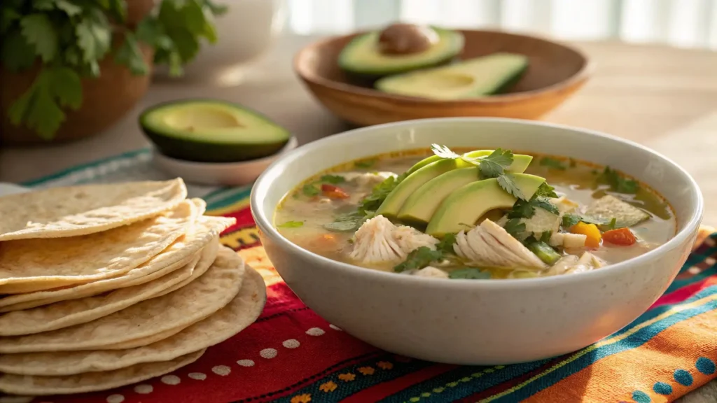 Steaming bowl of Caldo de Pollo with tortillas