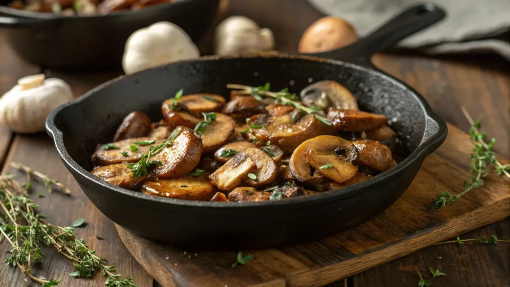 Caramelized mushrooms in a cast-iron skillet with garlic and thyme, ready for creamy mushroom soup preparation