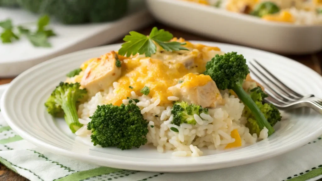 a plated serving of Cheesy Broccoli Rice and Chicken Casserole