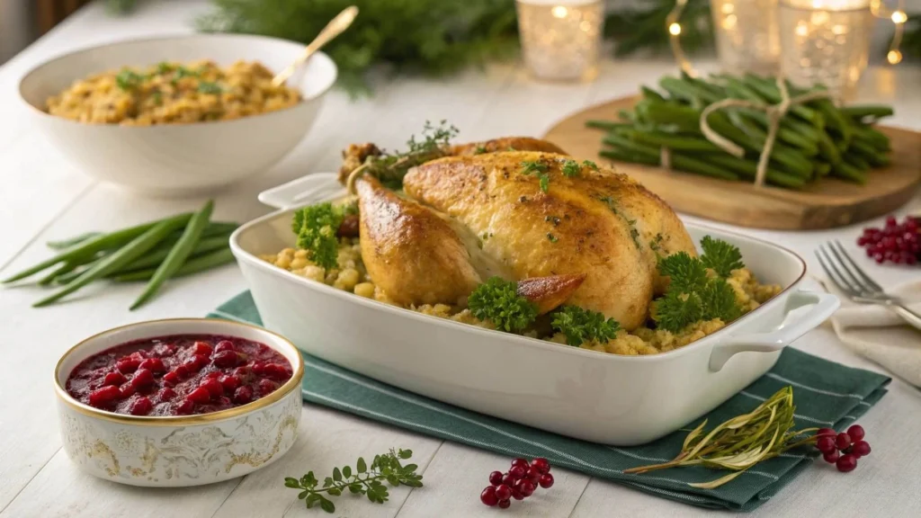 Golden baked chicken dressing served on a holiday table.