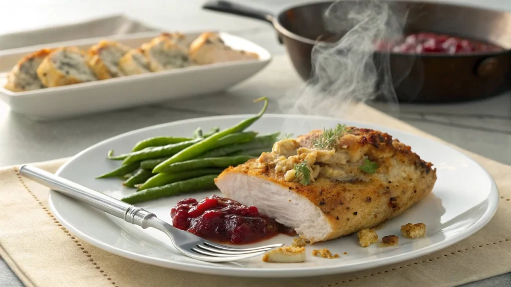 A serving of Chicken Dressing Recipe with cranberry sauce and green beans.