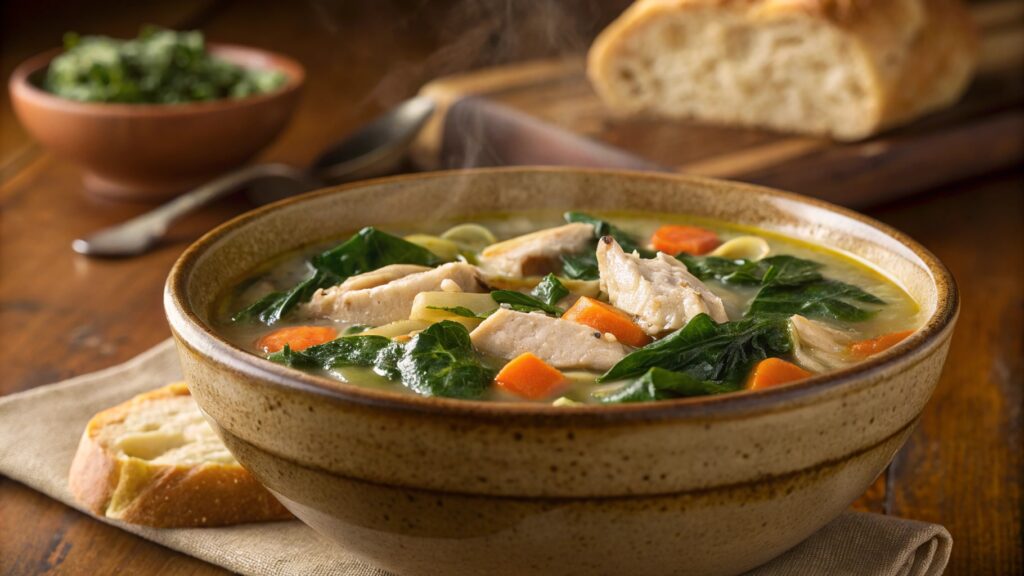 A steaming bowl of Chicken Florentine Soup with bread on a wooden table.