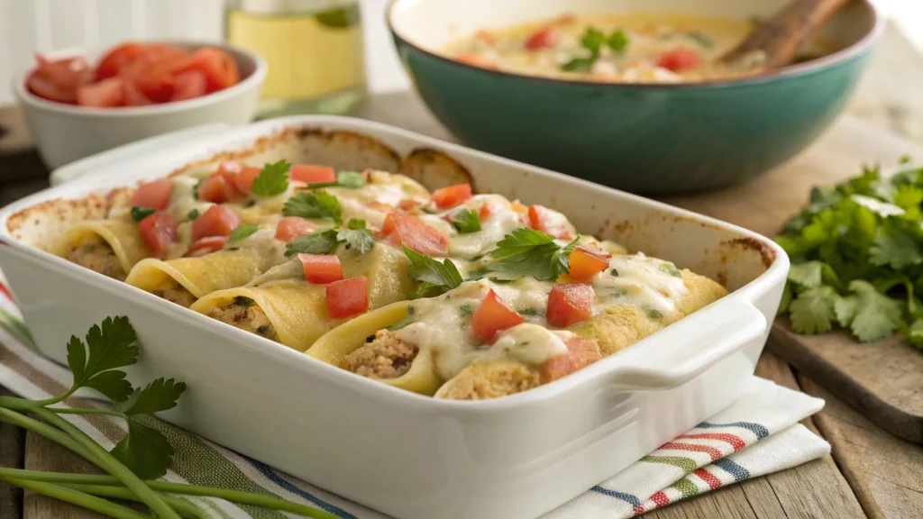 Baking dish with golden Chicken & Green Chile Stuffed Shells topped with cheese and cilantro