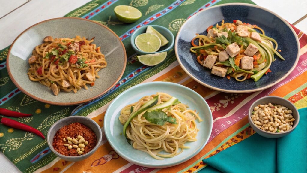 Three variations of Chicken Pad Thai on a colorful tablecloth