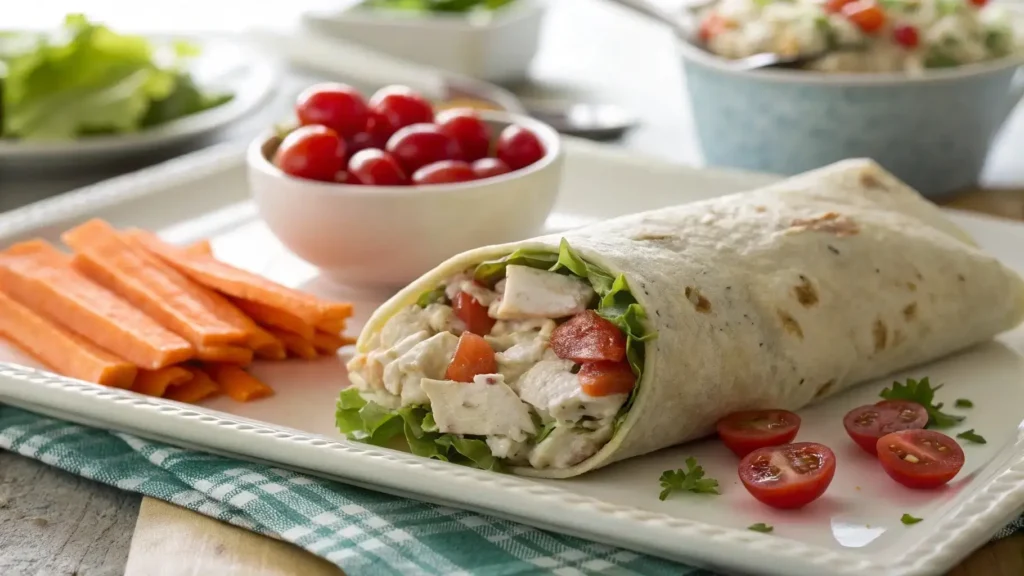 Best Chicken Salad wrap with fresh lettuce and diced tomatoes.