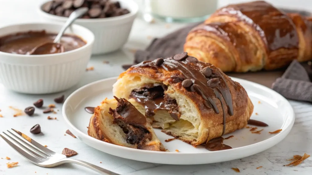 Sliced Chocolate Croissant Breakfast Bake with melted chocolate