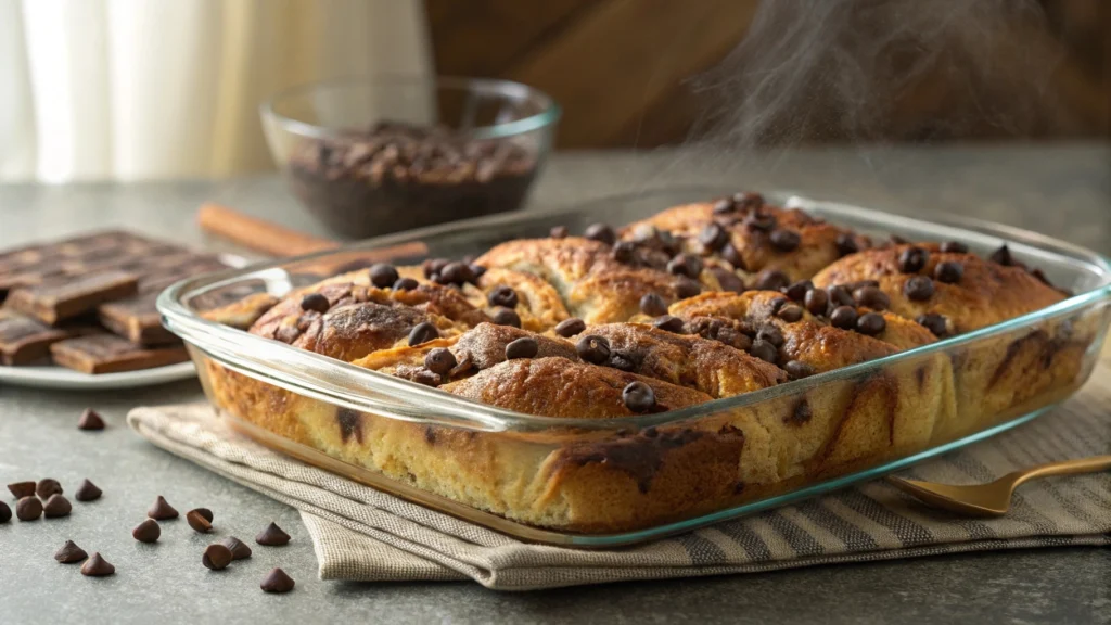 Freshly baked Chocolate Croissant Breakfast Bake in a glass dish