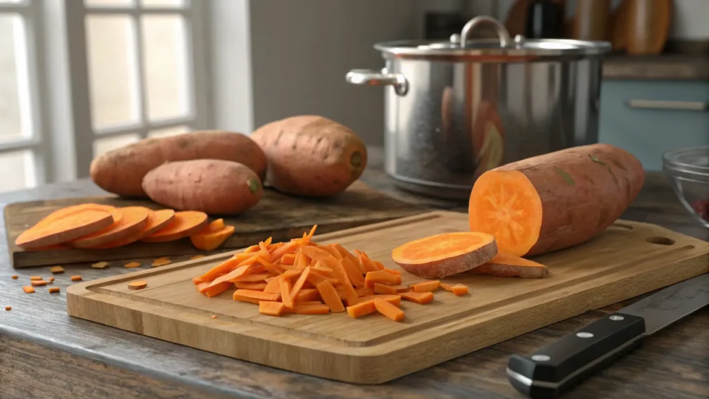 Chopping sweet potatoes for boiling.