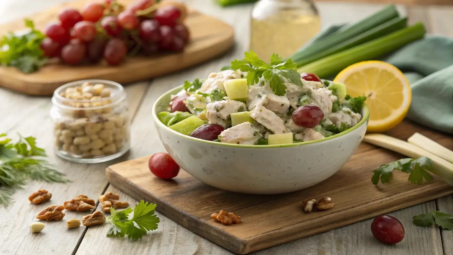 Classic chicken salad garnished with fresh herbs and grapes.