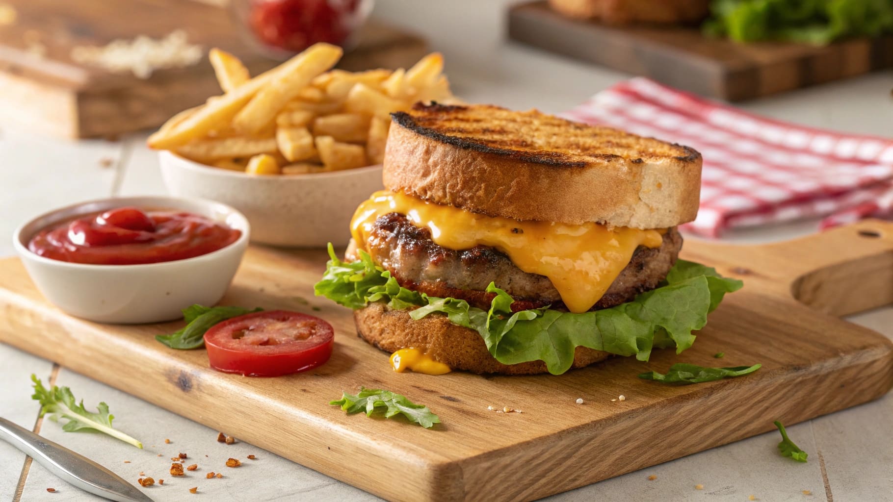 Grilled Cheese Burger with melted cheese, crispy bread, and fries.