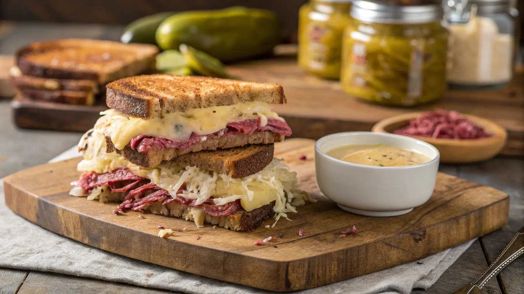 Perfectly assembled Reuben sandwich with corned beef and rye bread