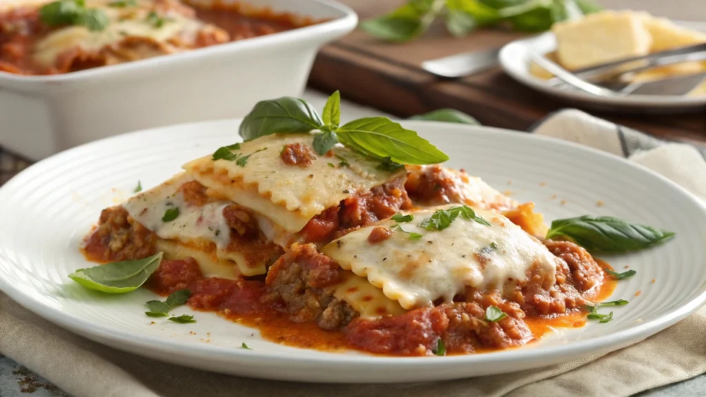 Close-up of a serving of Million Dollar Ravioli Casserole with fresh basil