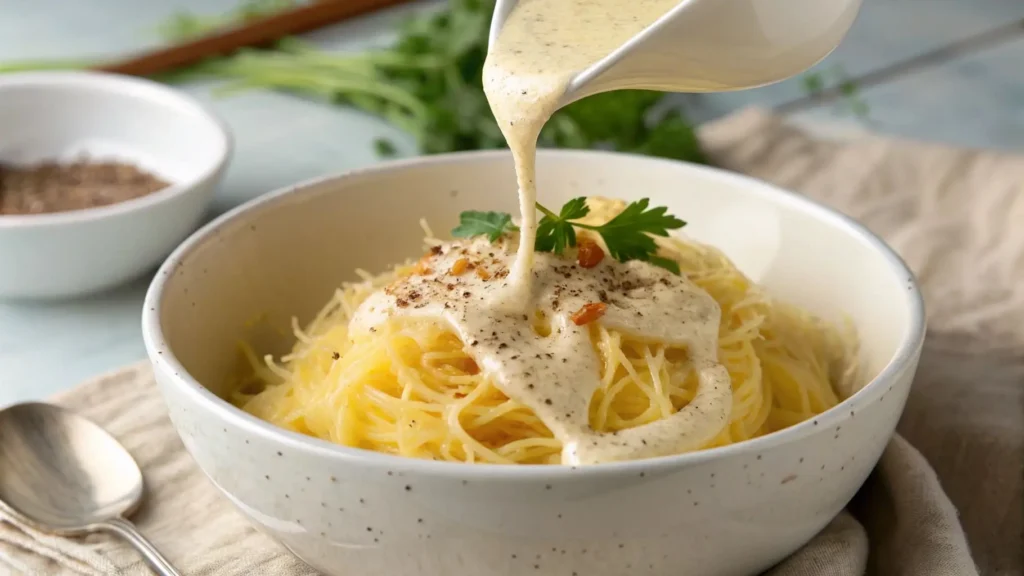 Creamy Alfredo sauce poured over spaghetti squash