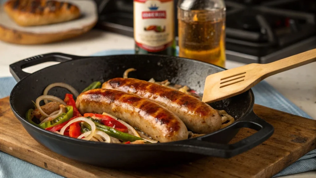 Bratwurst sizzling in a skillet with onions and peppers.
