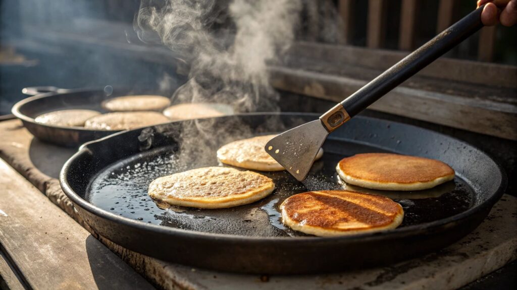 Pancakes cooking on a griddle with bubbles forming.