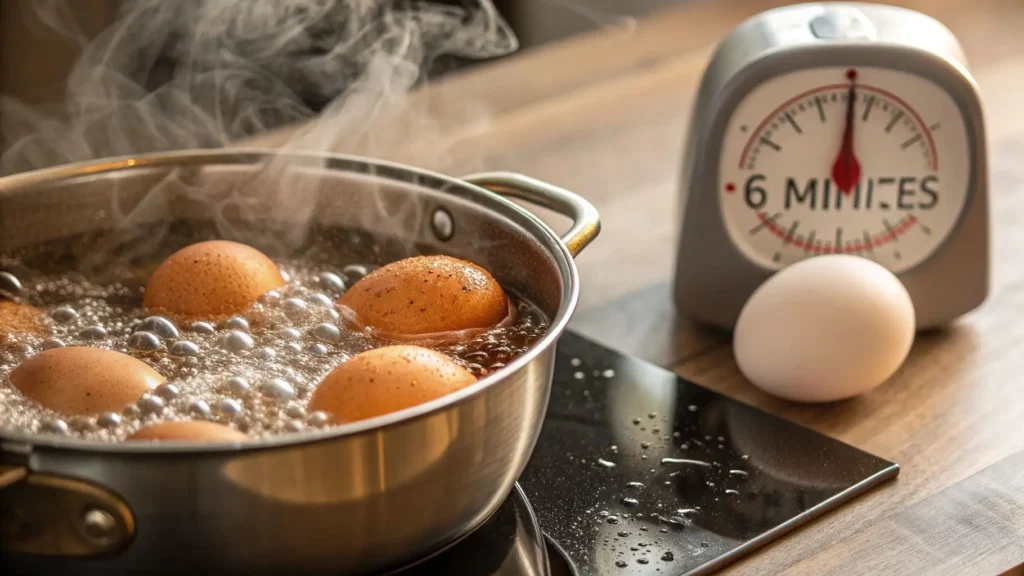 Eggs boiling in a saucepan with a timer set to 6 minutes.