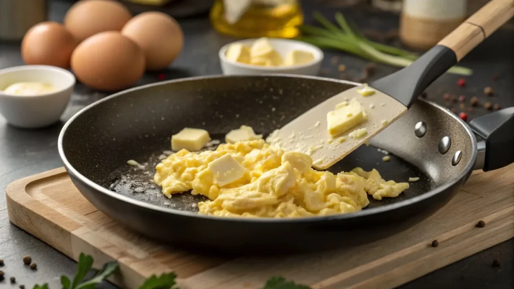 Scrambled eggs being gently stirred in a pan.