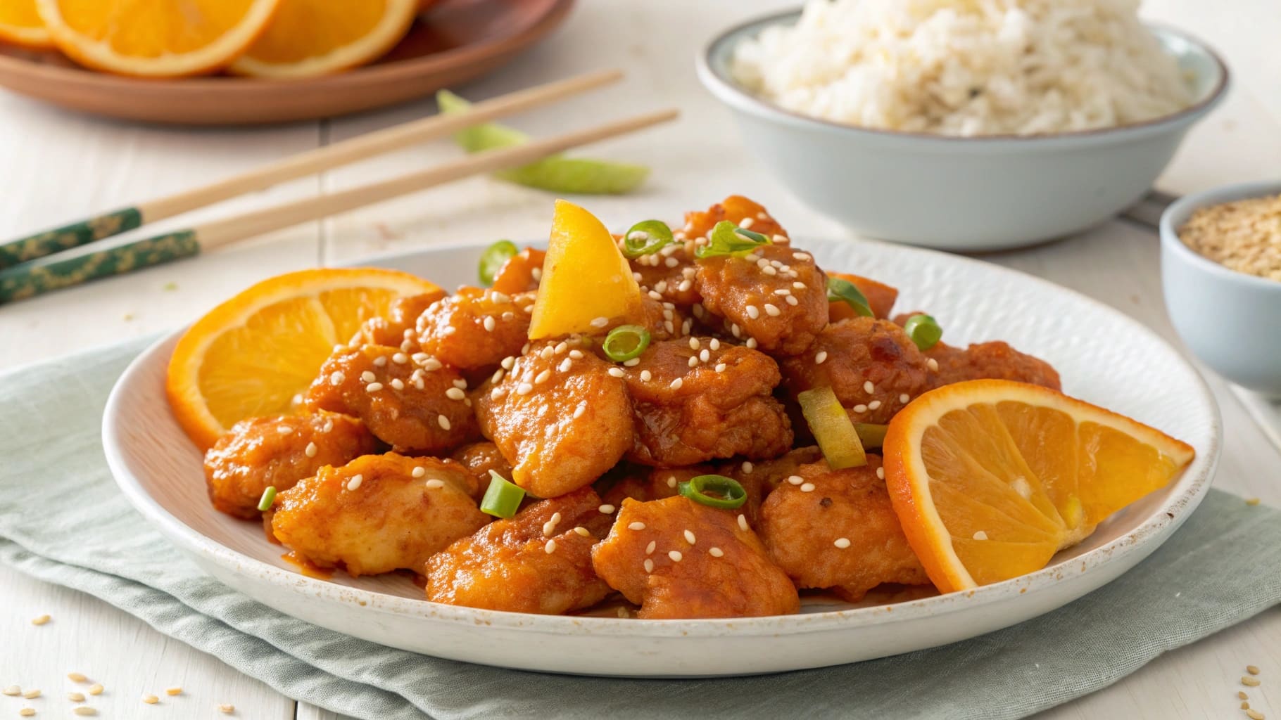 Plate of Copycat Panda Express Orange Chicken with orange glaze