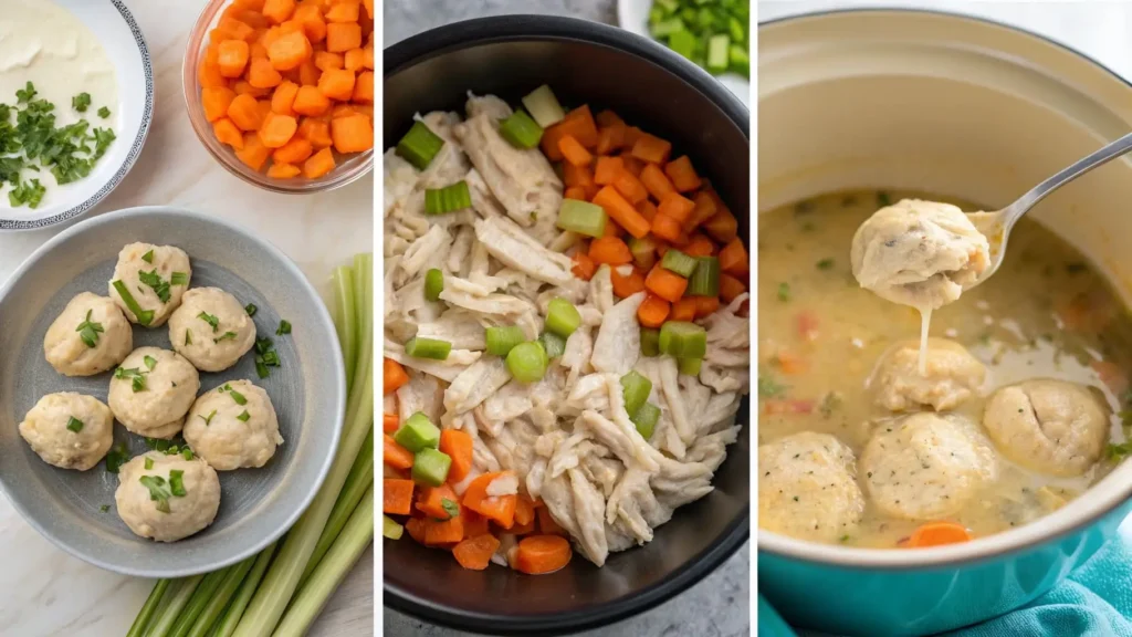 Slow-cooker chicken and dumplings with tender shredded chicken, fluffy biscuit dumplings, and a rich, creamy broth, garnished with fresh parsley.