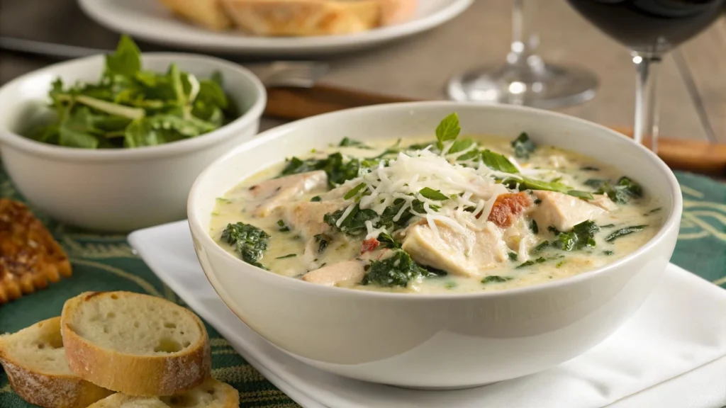 Creamy Chicken Florentine Soup with a side salad and white wine.