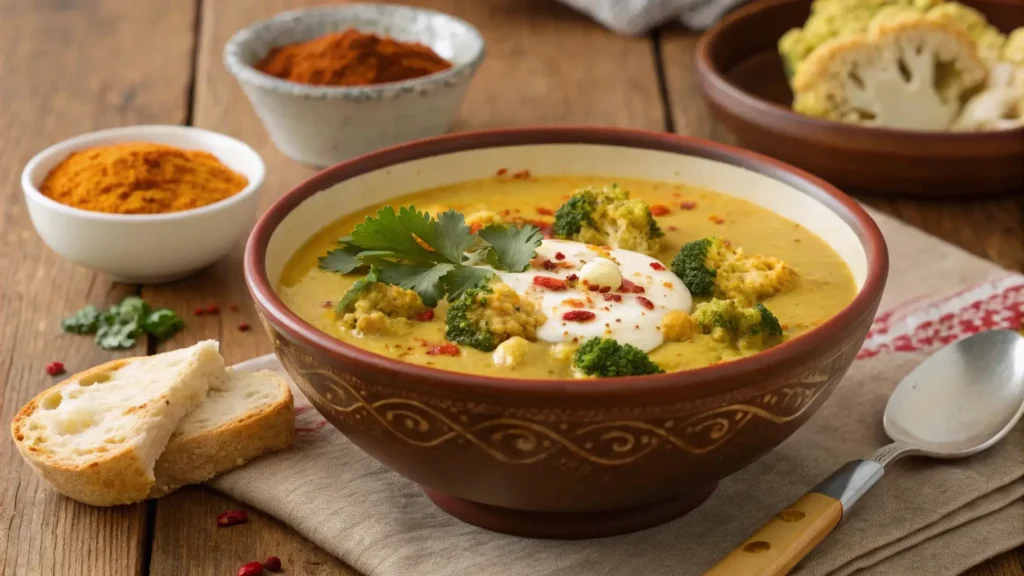 Creamy Curry Cauliflower and Broccoli Soup in a rustic bowl with garnishes.