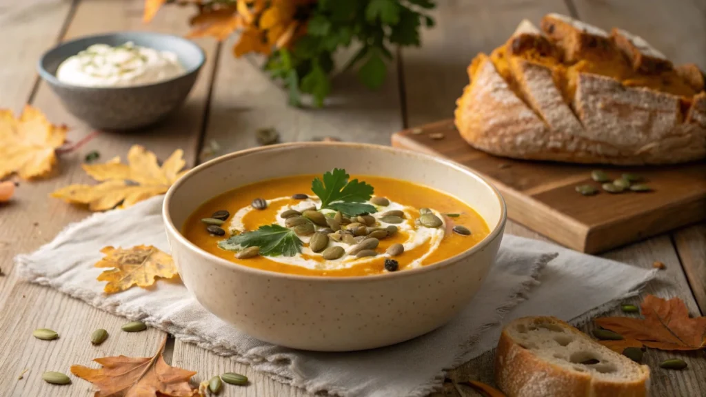 Cozy kitchen scene with creamy pumpkin soup and rustic bread