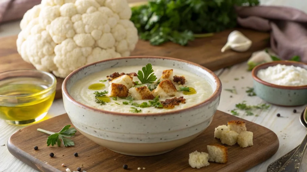 Bowl of creamy roasted cauliflower soup garnished with parsley and croutons