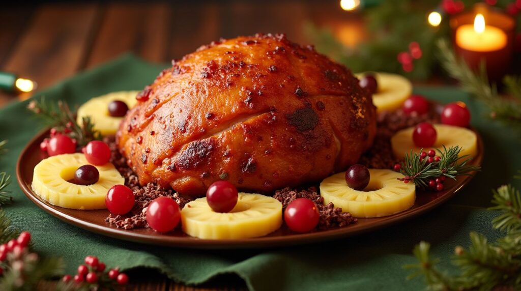 Sugar-glazed ham with pineapple and cherries.