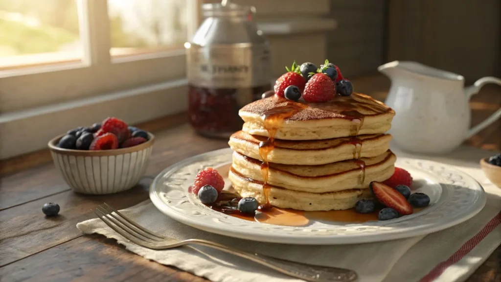 Stack of fluffy easy pancakes with maple syrup and berries.