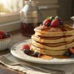 Stack of fluffy easy pancakes with maple syrup and berries.